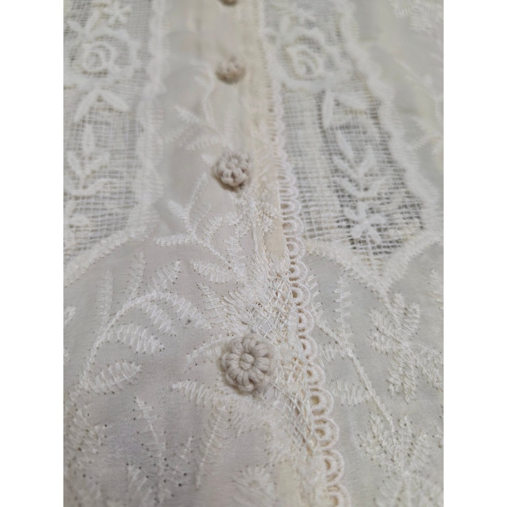 Ultra Pink Cream Lace Button Front Blouse Short Puff Sleeve Floral Embroidered L - Picture 7 of 10